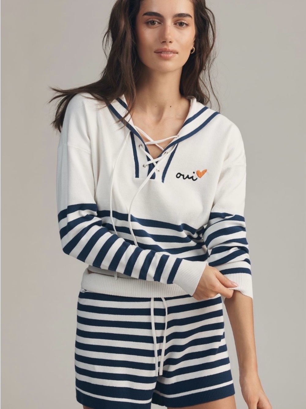 NEW Anthropologie Sundry Navy French Stripe Lace-Up Long-Sleeve Pullover MEDIUM